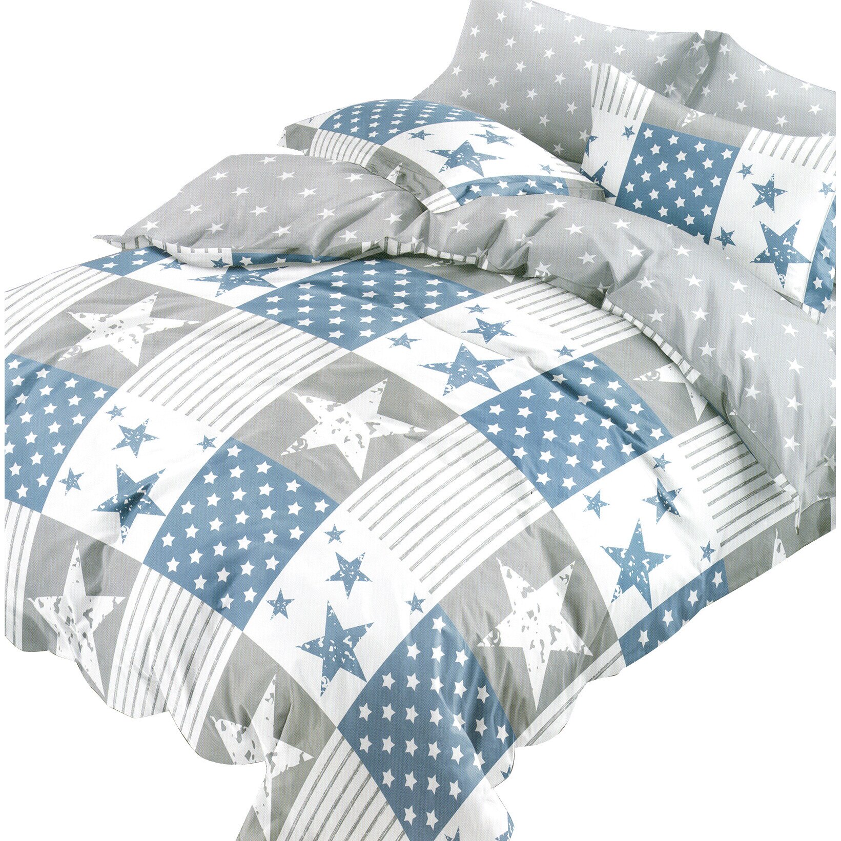 Lenjerie de pat Rosa Double Premium12 , 4 piese, pat dublu, 100% microfibra , tip inchidere capse, culoare albastru, model stelute