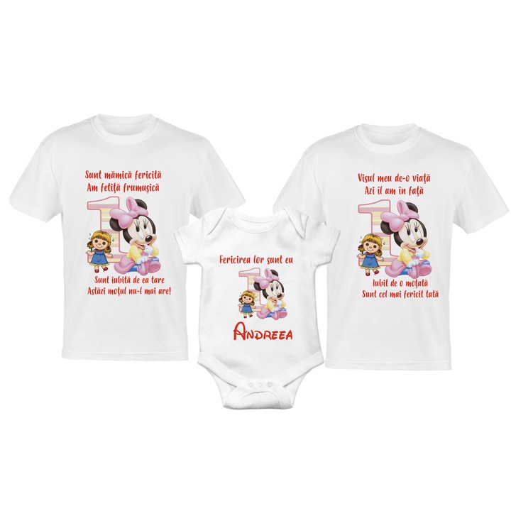 Set 2 tricouri si body pentru aniversare 1 an, taierea motului, albe din bumbac cu tema-MINNIE Mouse