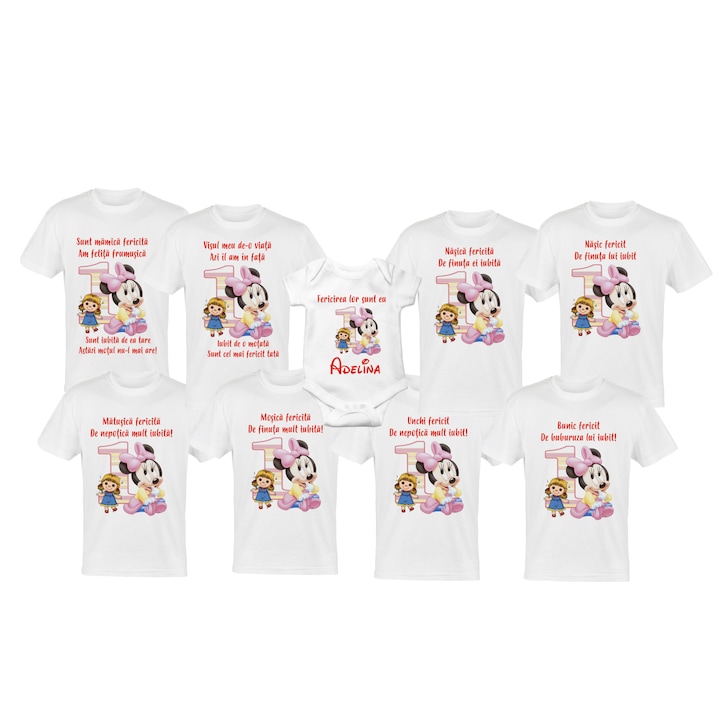 Set 8 tricouri si body pentru aniversare 1 an, taierea motului, albe din bumbac cu tema-MINNIE Mouse
