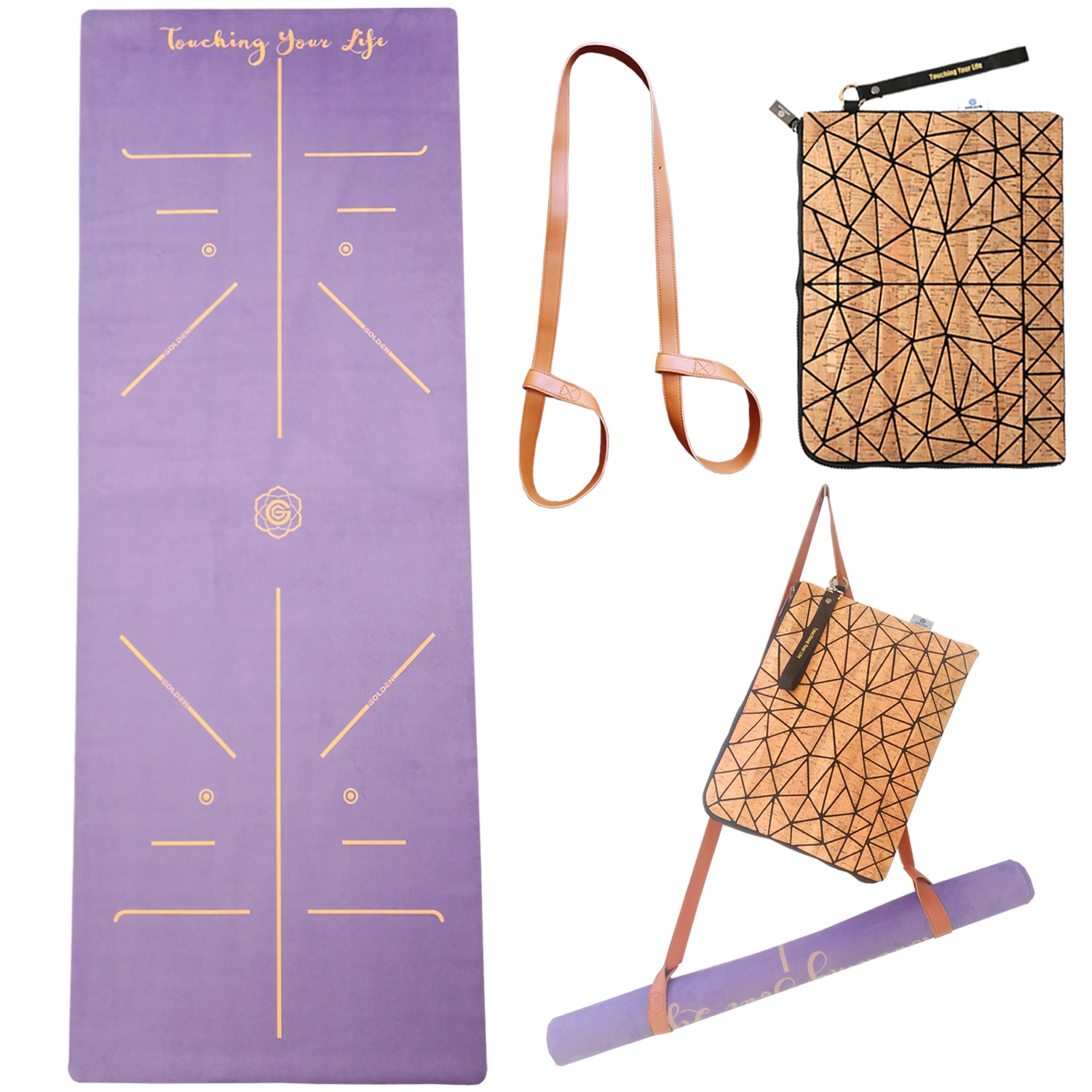Set covoras pentru yoga si geanta Golden, Cauciuc natural, 183 x 68 cm, 1,5 mm, Pliabil, Violet