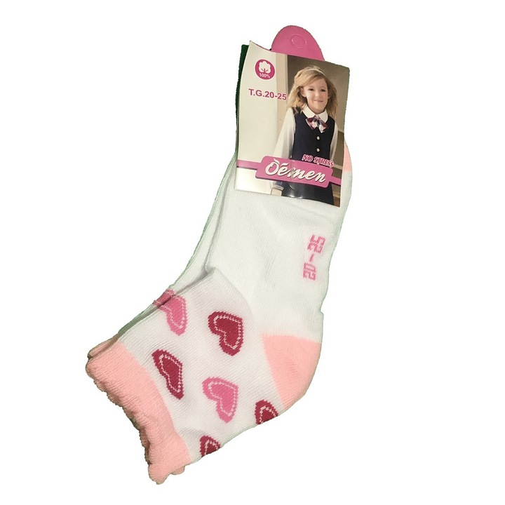 Детски чорапи, бели с розово, десен сърце, Бял/Розово