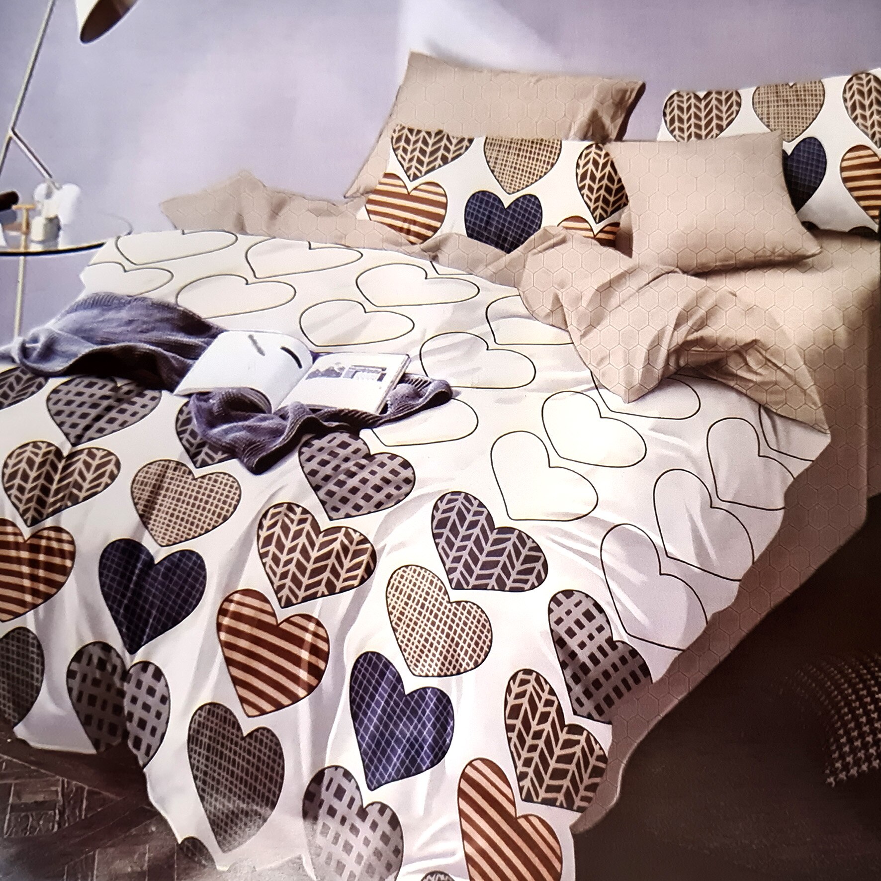 Set lenjerie de pat, Vamira, inimioare, 2 persoane, 6 piese, finet, multicolor