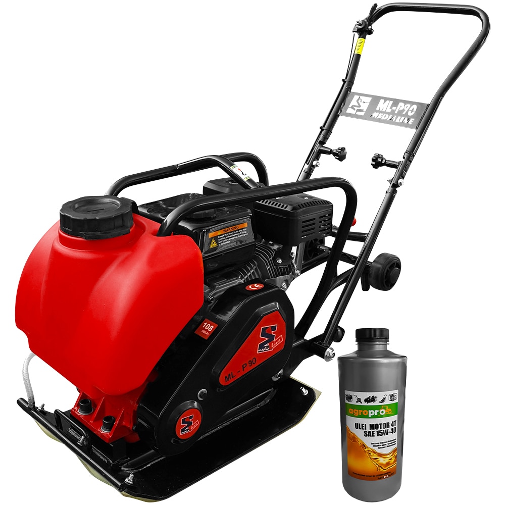 Placa compactoare unidirectionala Media Line ML-P90, motor 6.5 CP, OHV, Euro V, forta 14 kN, 4930 batai/min, viteza 21 m/min, 1l ulei motor AgroPro