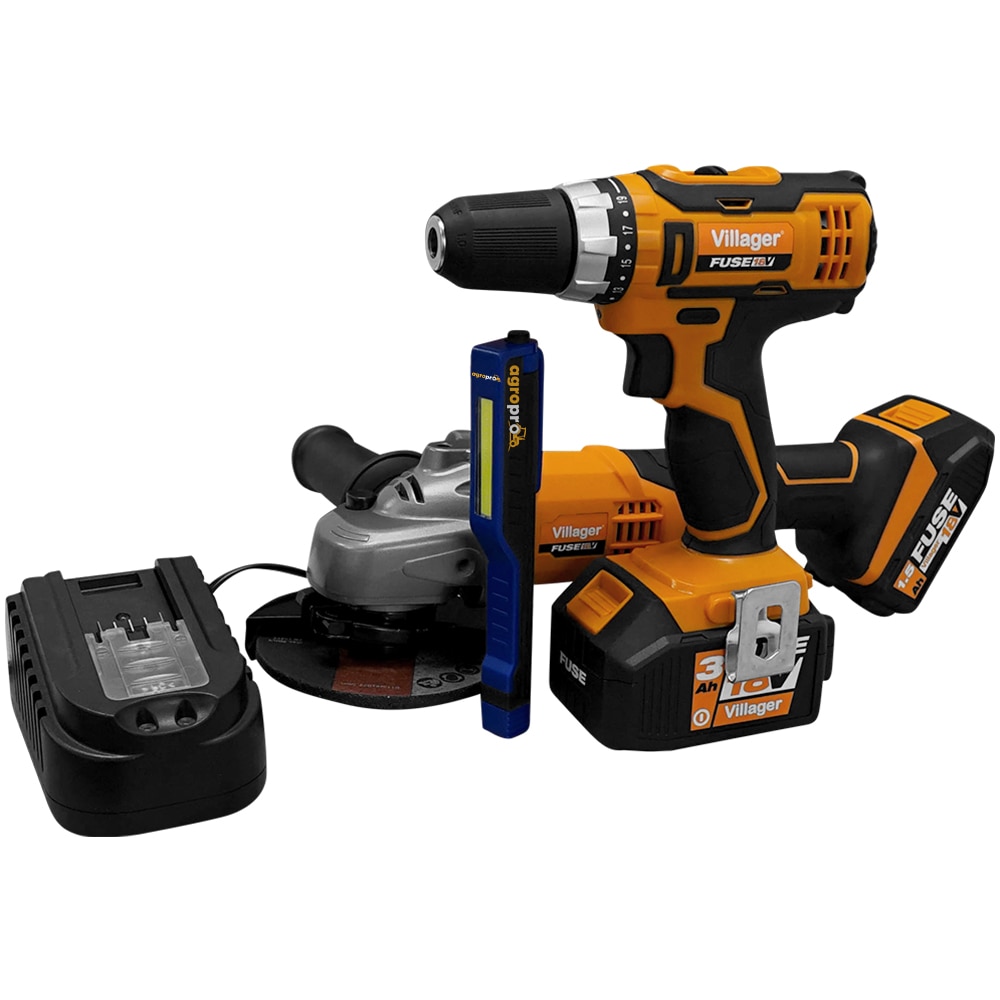 Set masina de gaurit/insurubat Villager VLN 3220, polizor unghiular Villager VLN 4320, 2 acumulatori 1.5/3 Ah, incarcator 1.65 A, lanterna LED magnetica AgroPro