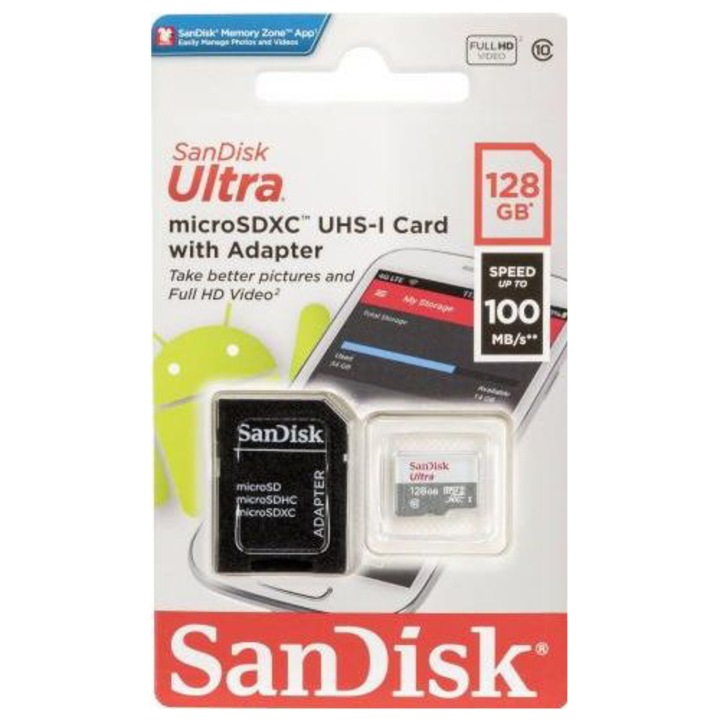 Карта памет Sandisk micro SD - SDXC Ultra 128 GB, Class 10, 100Mbs + Адаптер