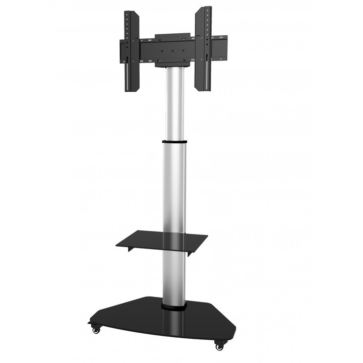 Стойка за телевизор Techly, 37"- 70", Регулируема, С рафтове, Алуминий, До 40 кг, Сребрист