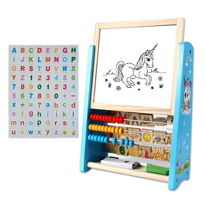 Jucarie educativa din lemn cu abac, alfabetar si tablita + set litere si cifre magnetice, multicolora, + 3 ani
