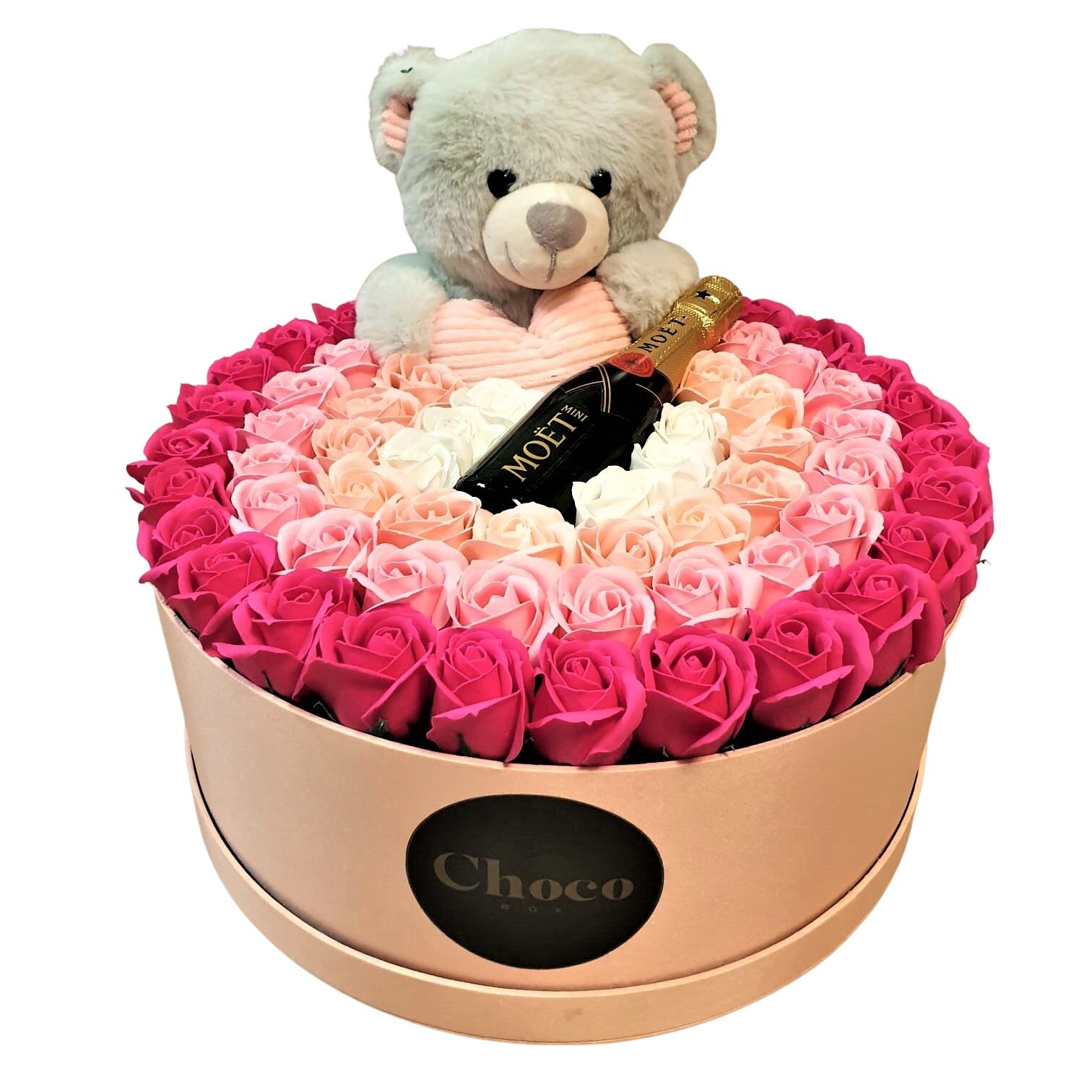 Подаръчна кутия ChocoBox Love Box, Шампанско Moet, Плюшено мече и рози ...