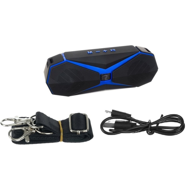 Boxa wireless portabila, Zola®, cu Bluetooth 22x8x5 cm, curea, negru/albastru