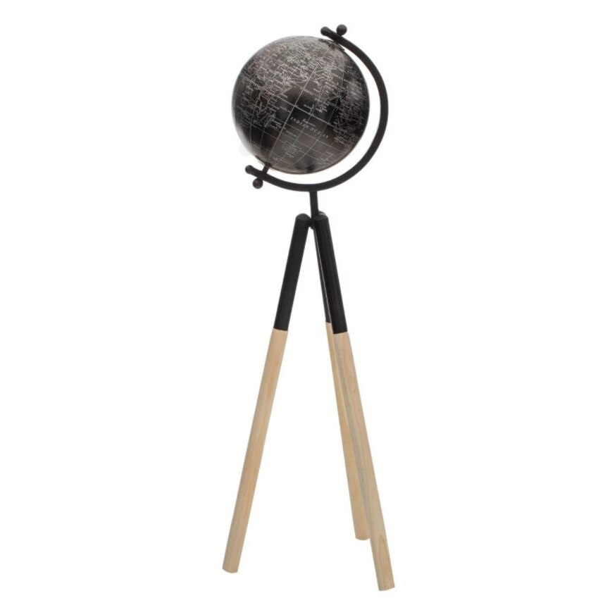 Accesoriu decorativ pentru camera, Zola®, glob pamantesc negru, cu trepied din lemn, inaltime 66 cm