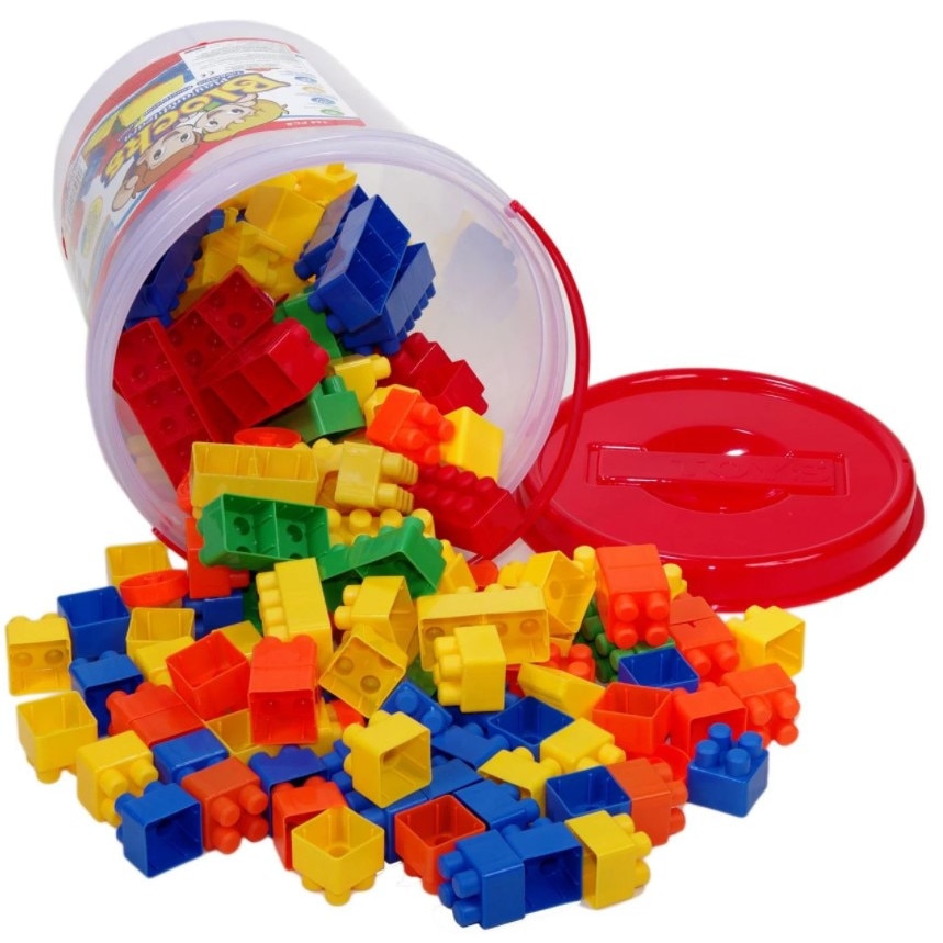 Set de construit, Zola®, pentru copii, galeata cu 144 de piese multicolore, din plastic