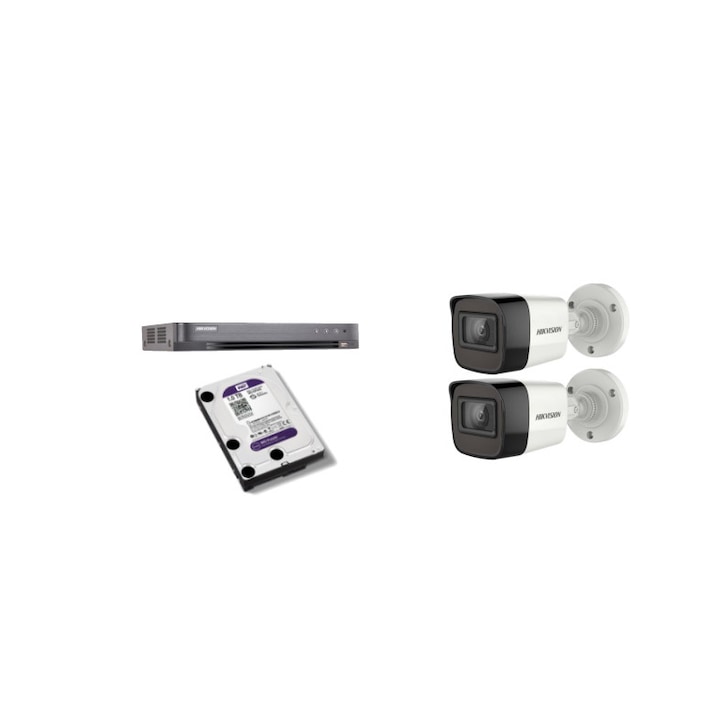 Kit supraveghere video Hikvision 5MP, cu 2 camere 5MP de exterior/interior si HDD 1 TB MK506