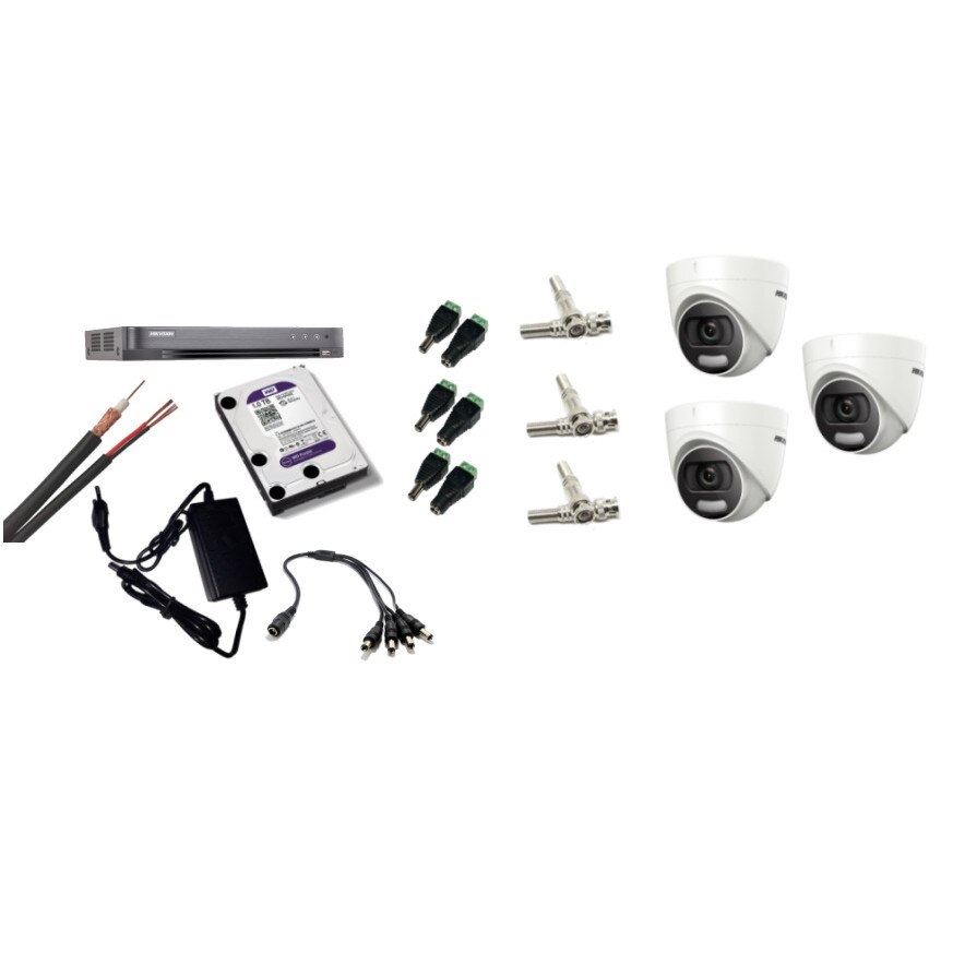 Kit supraveghere video Hikvision 5MP, cu 3 camere 5MP de interior si HDD 1 TB cu accesorii montaj MK461
