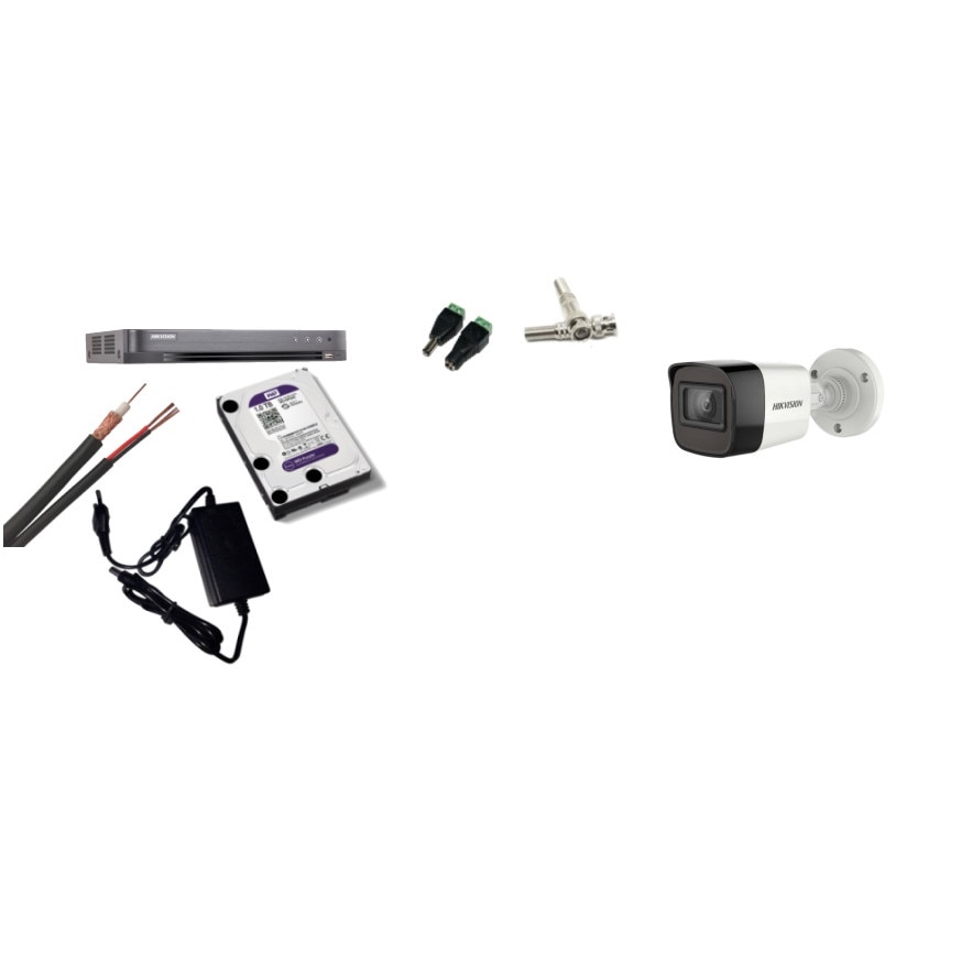 Kit supraveghere video Hikvision 5MP, cu 1 camera 5MP de exterior/interior si HDD 1 TB cu accesorii montaj MK447