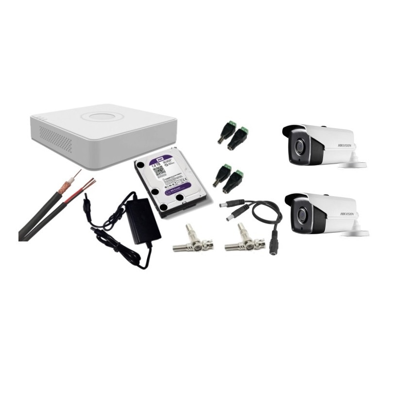 Kit supraveghere video Hikvision 2MP, cu 2 camere 2MP de exterior/interior si HDD 1 TB cu accesorii montaj MK178