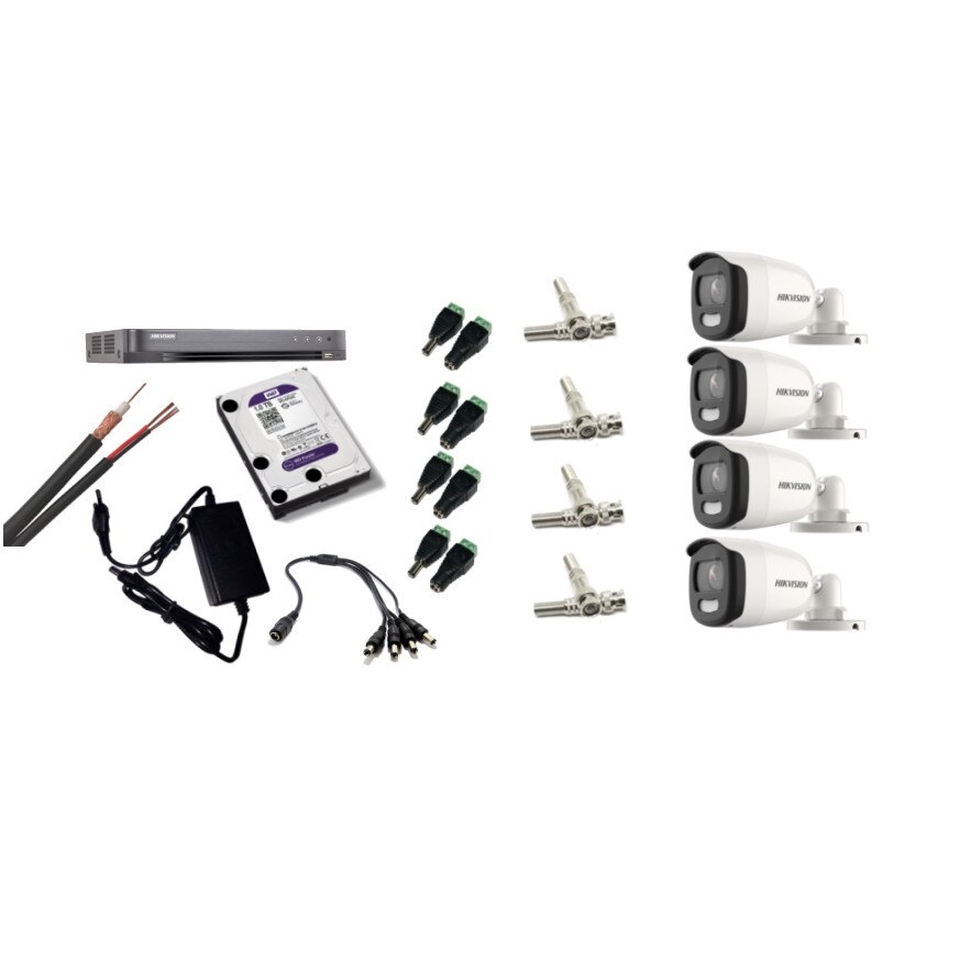 Kit supraveghere video Hikvision 5MP, cu 4 camere 5MP de exterior/interior si HDD 1 TB cu accesorii montaj MK458