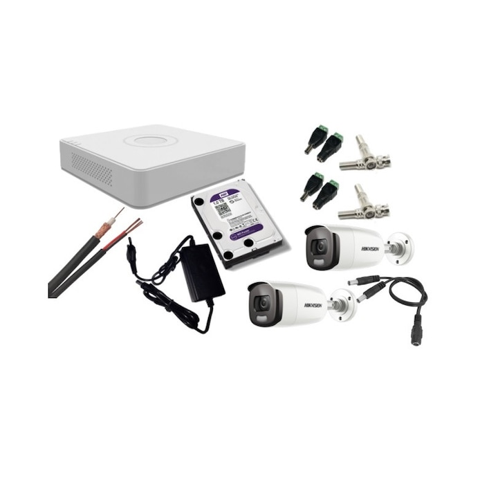 Sistem supraveghere Hikvision 2 camere 5 Megapixeli, IR30m, microfon incorporat