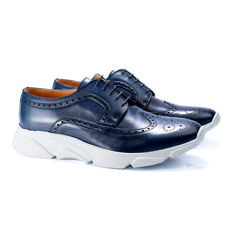 Pantofi barbati, ORTIZ & REED, Albastru/Alb, Piele naturala, 45 EU