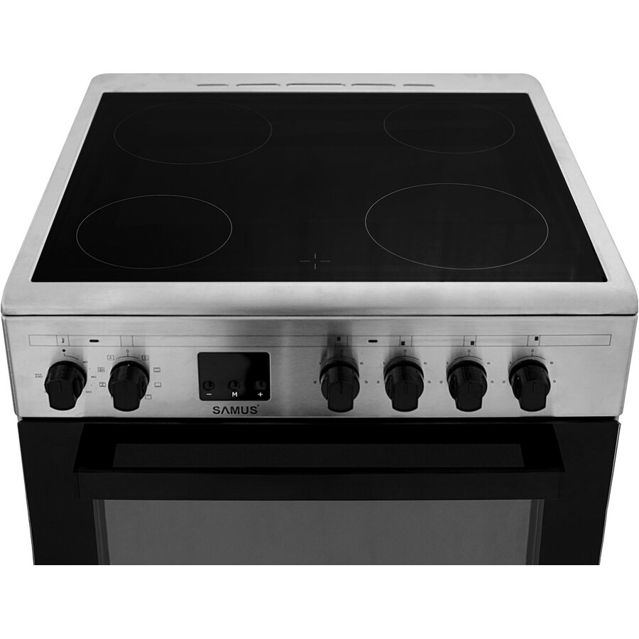 SM664VTE INOX, Plita vitroceramica, 4 zone de gatit, 10 functii cuptor, Grill, Convectie 3D, 56 L, Timer, 59.8x61 cm, Inox