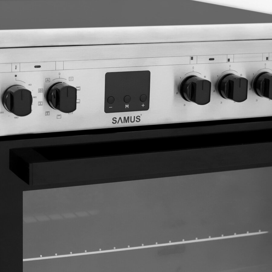 SM664VTE INOX, Plita vitroceramica, 4 zone de gatit, 10 functii cuptor, Grill, Convectie 3D, 56 L, Timer, 59.8x61 cm, Inox