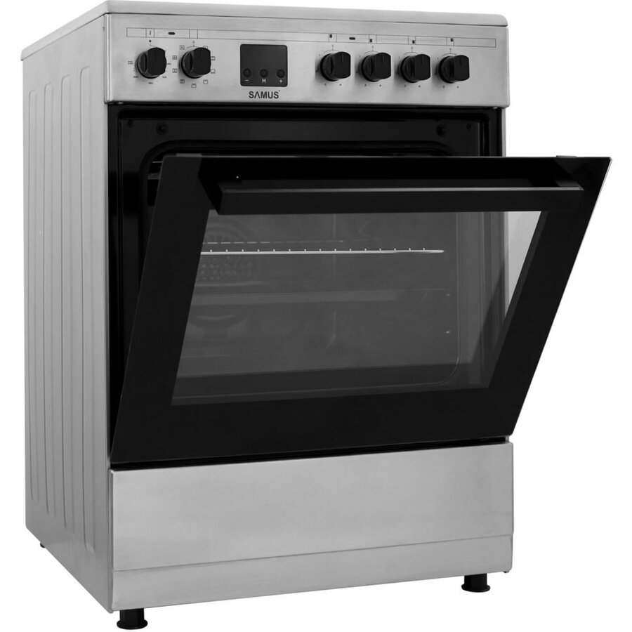 SM664VTE INOX, Plita vitroceramica, 4 zone de gatit, 10 functii cuptor, Grill, Convectie 3D, 56 L, Timer, 59.8x61 cm, Inox
