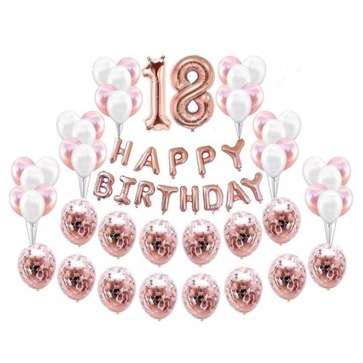 Комплект балони HAPPY BIRTHDAY, 18 години, Rose Gold, 65 бр., Picodino
