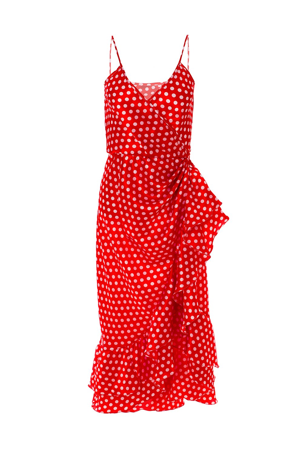 MIYU, Rochie midi cu buline si decolteu cache coeur, Rosu/Alb, XS