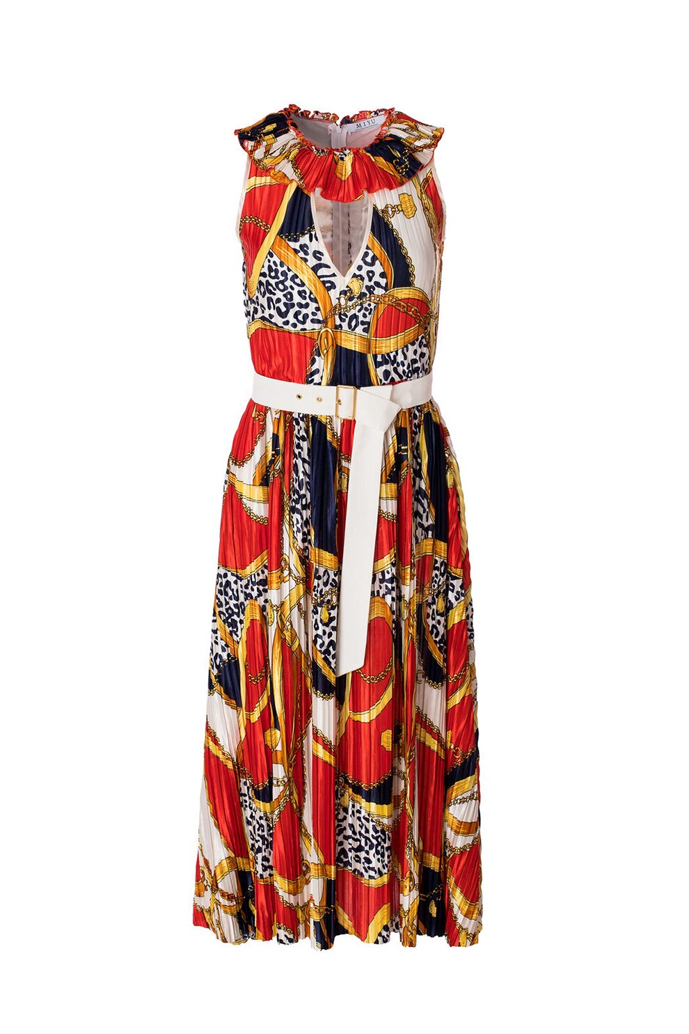 MIYU, Rochie midi cu imprimeu si decupaj pe piept, Multicolora