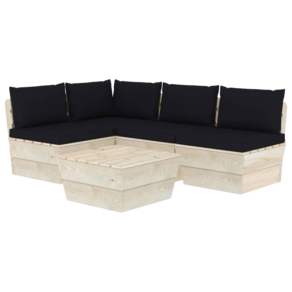Set mobilier de gradina din paleti cu 5 piese cu perne negre, vidaXL, Lemn, 60 x 60 x 65 cm, Negru