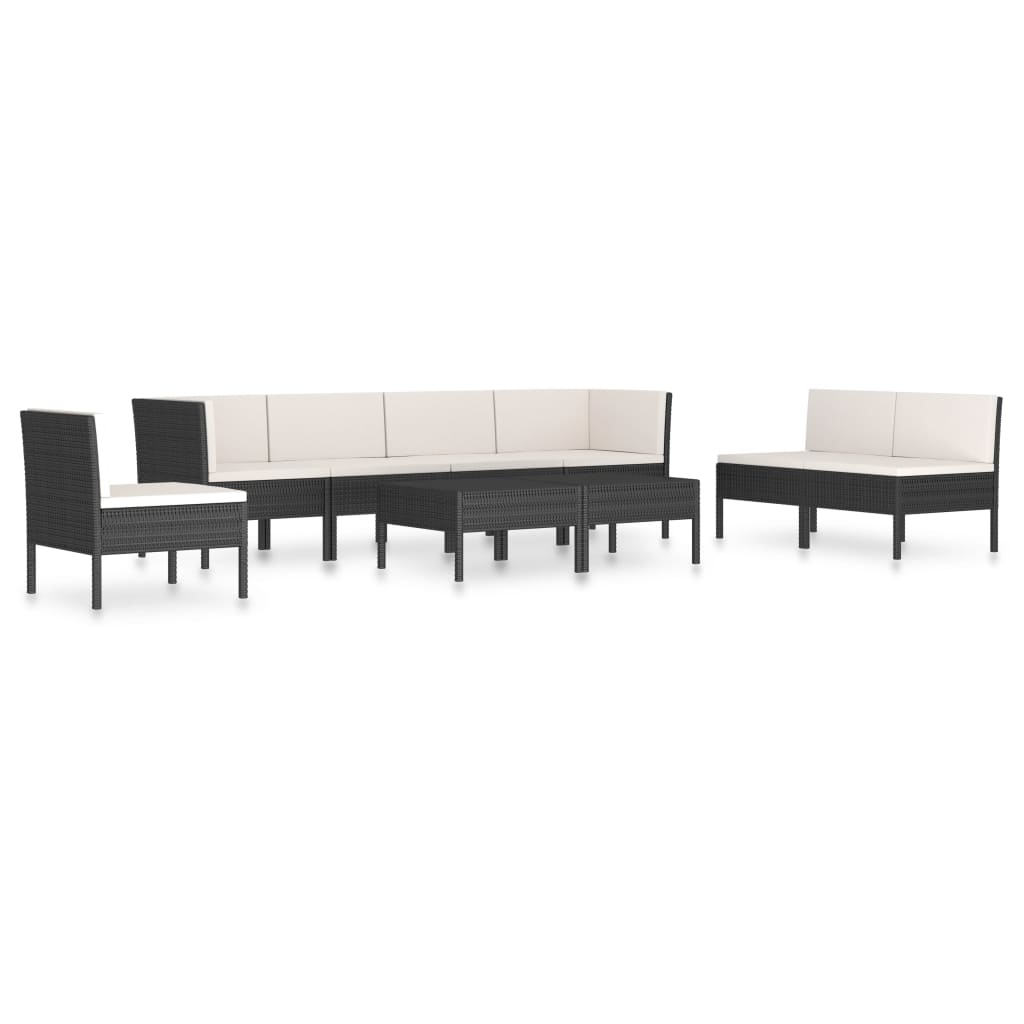 Set mobilier de gradina din 9 piese cu perne albe, vidaXL, Poliratan, 57 x 69 x 69 cm, Negru