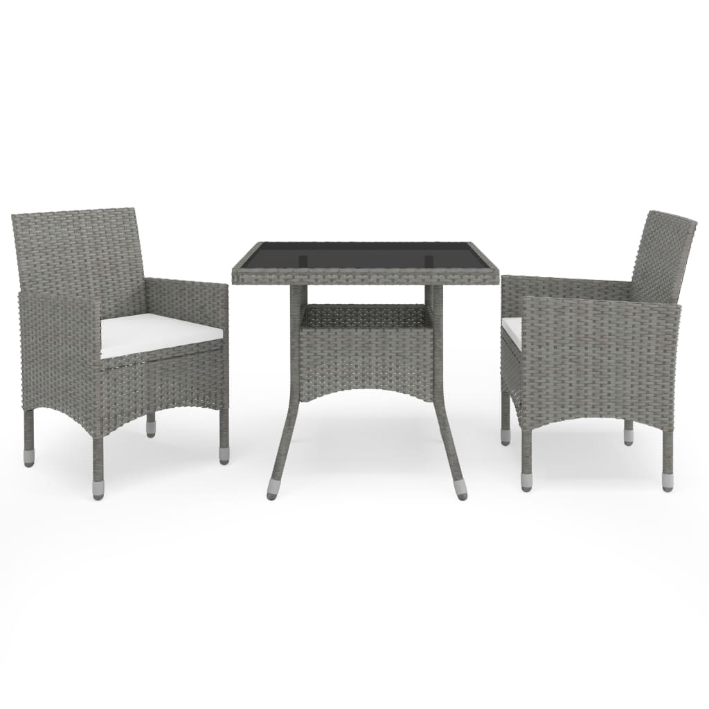 Set mobilier de gradina/exterior din 3 piese cu perne albe, vidaXL, Poliratan, 53 x 58 x 84 cm, Gri