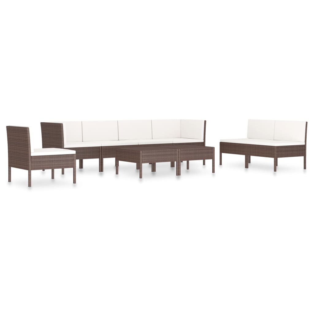 Set mobilier de gradina din 9 piese cu perne albe, vidaXL, Poliratan, 57 x 69 x 69 cm, Maro
