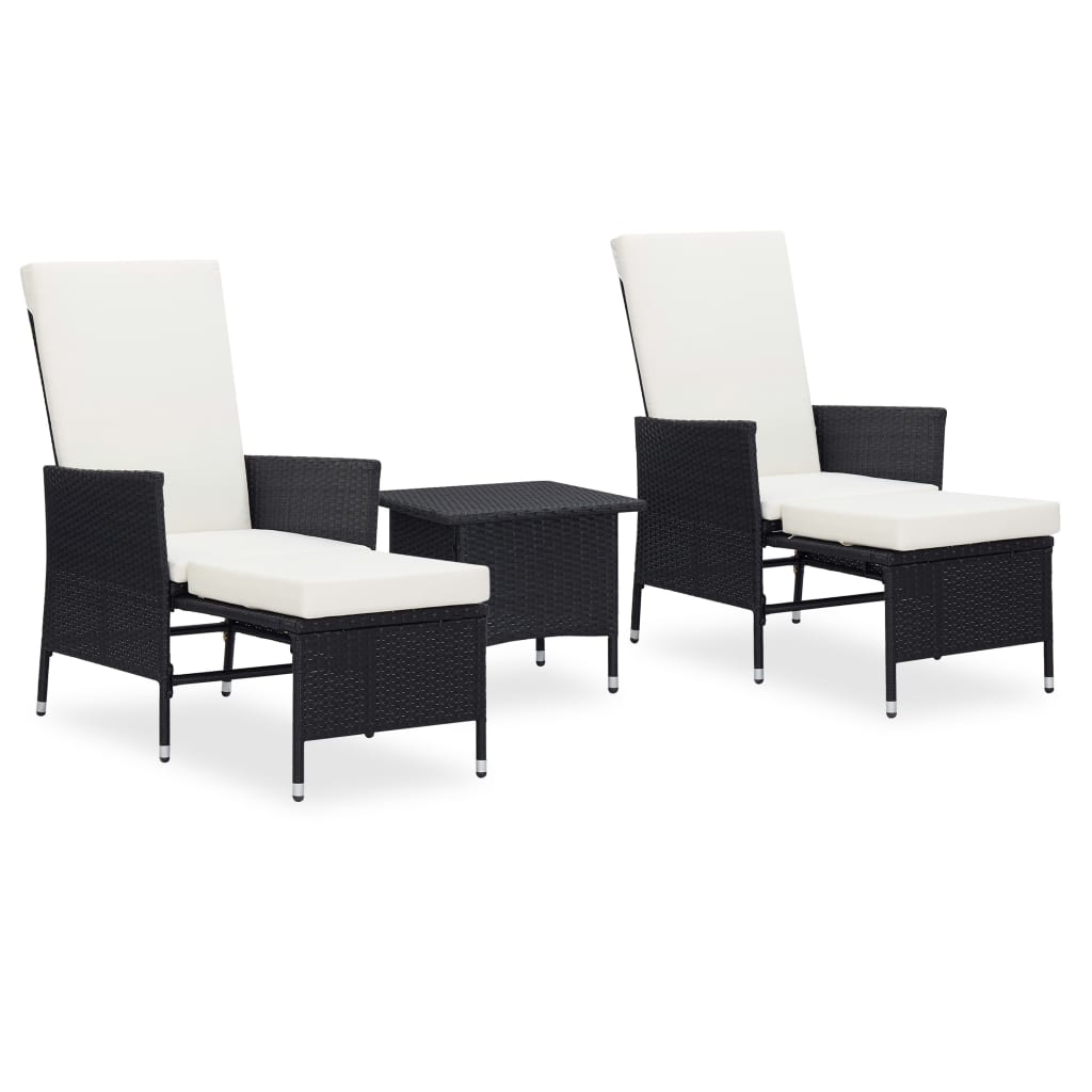 Set mobilier de gradina cu 3 piese cu perne albe, vidaXL, Poliratan, 63 x 130 x 102 cm, Negru