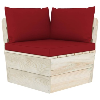Canapea de colt din paleti cu perne colorate, vidaXL, Lemn, 60 x 60 x 65 cm, Rosu inchis