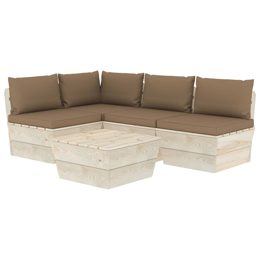 Set mobilier de gradina din paleti cu 5 piese cu perne capucino, vidaXL, Lemn, 60 x 60 x 65 cm, Capucino