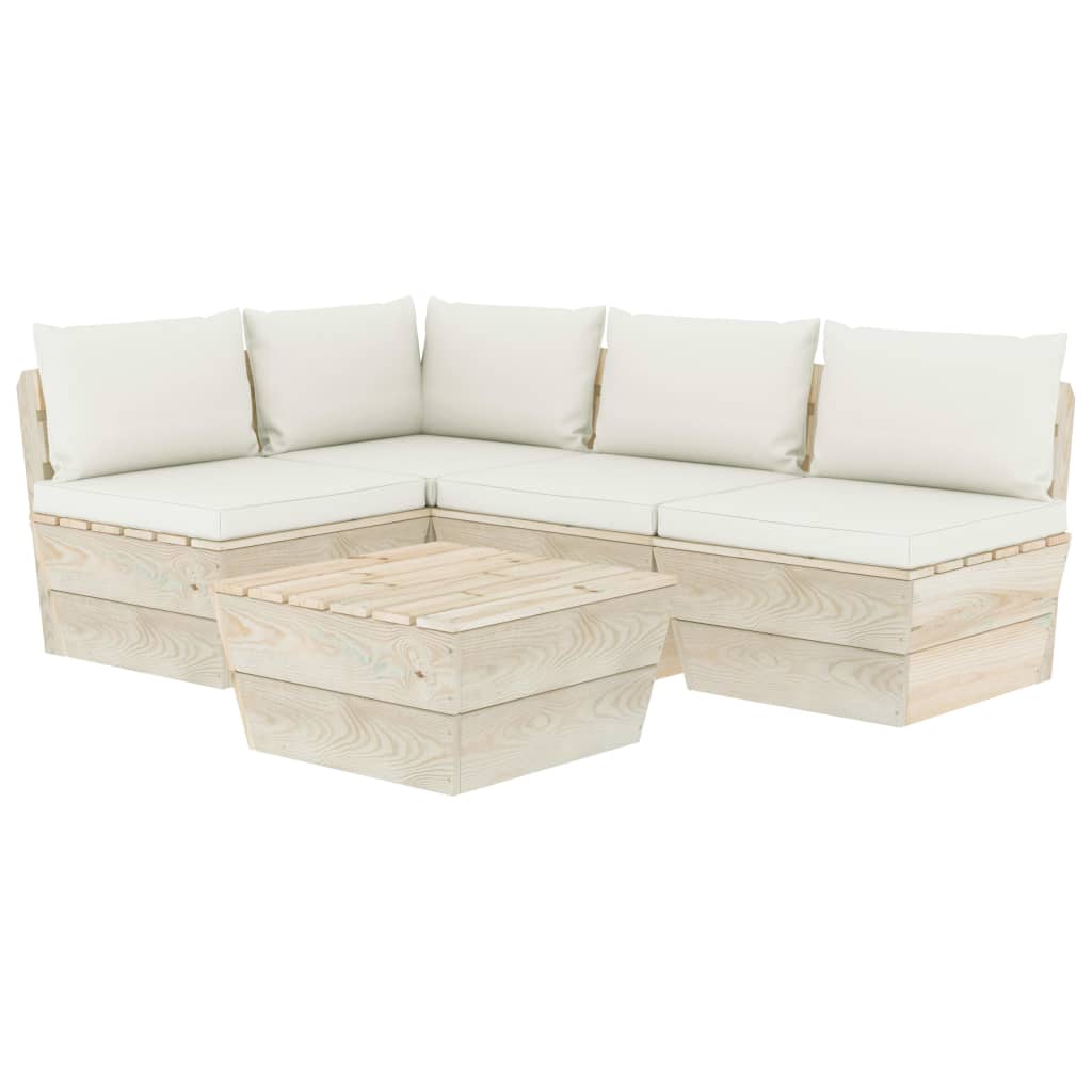 Set mobilier de gradina din paleti cu 5 piese cu perne crem, vidaXL, Lemn, 60 x 60 x 65 cm, Crem