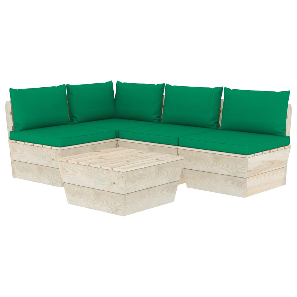Set mobilier de gradina din paleti cu 5 piese cu perne verde inchis, vidaXL, Lemn, 60 x 60 x 65 cm, Verde inchis