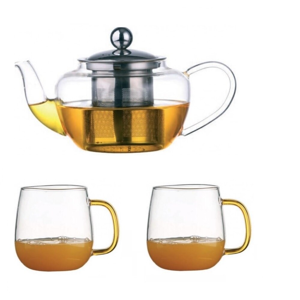 Ceainic din sticla thermo TEA TIME, cu capac si infuzor inox, 450ml + Set 2 Cani thermo MY CUP, DelCaffe