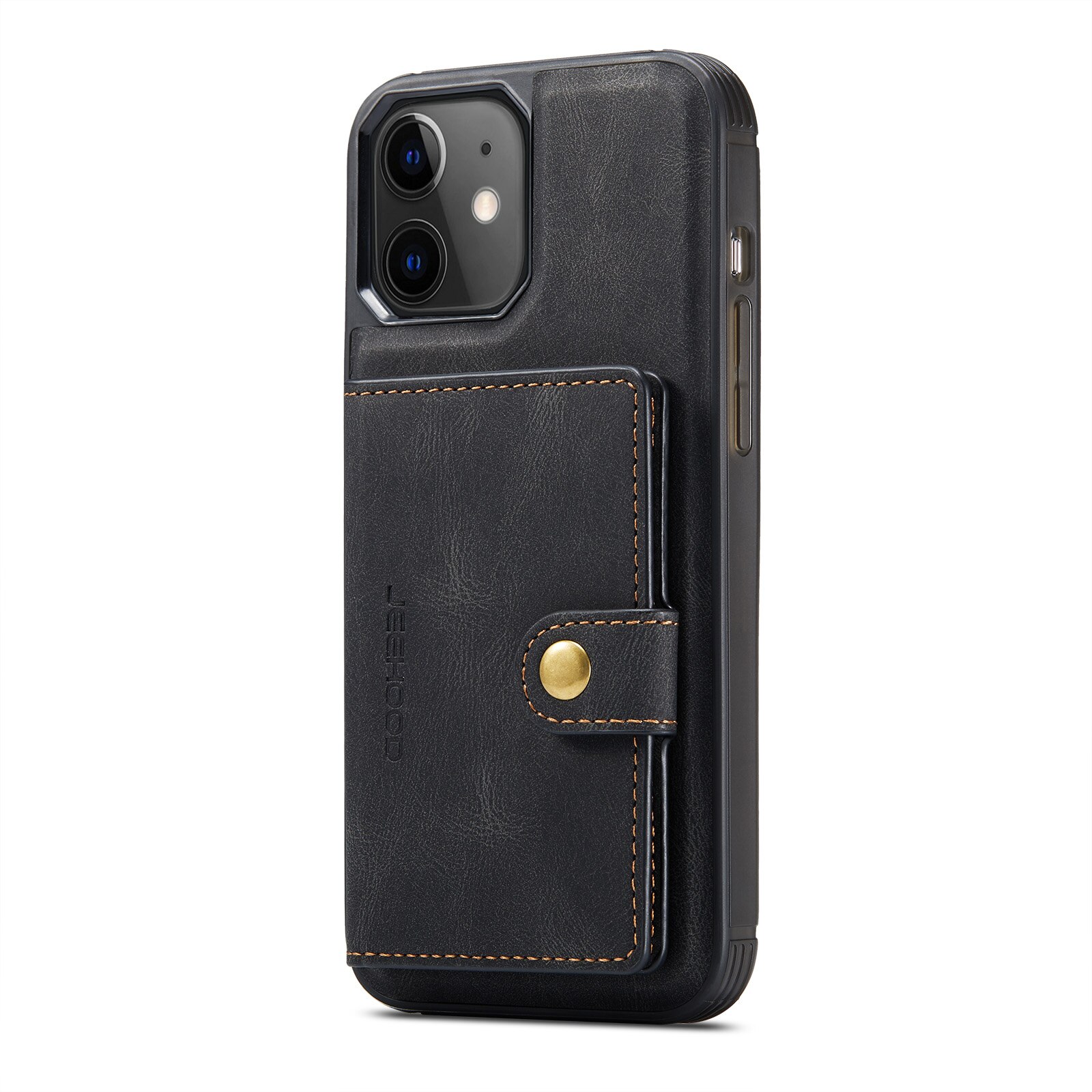 Husa pentru iPhone 12 Mini, piele cu textura moale, back cover, mini portofel detasabil, CaseMe, Negru