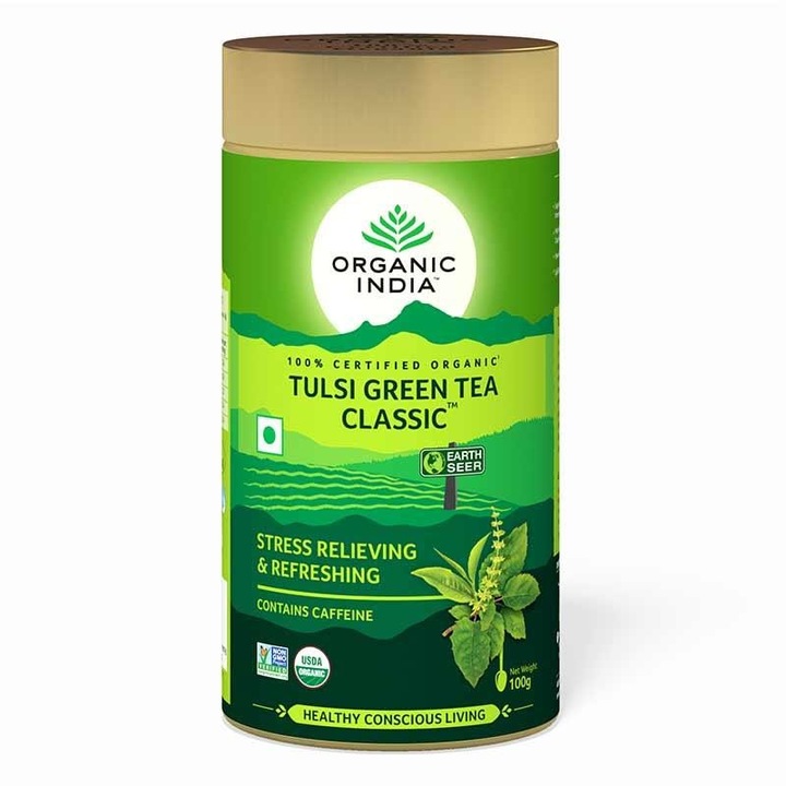 Organic India Tulsi BIO Green szálas tea 100g fémdobozos