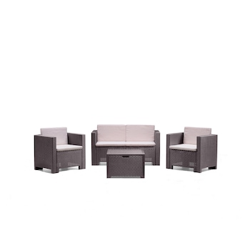 Set mobilier gradina/terasa Colorado, canapea 2 locuri + 2 fotolii + masuta depozitare, perne incluse, maro Set mobilier gradina/terasa Colorado, canapea 2 locuri + 2 fotolii + masuta depozitare, perne incluse, maro