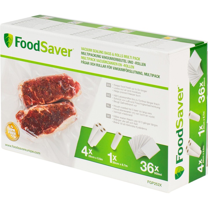 Pachet pungi și role Foodsaver FGP252X-01 pentru vidat alimente: 4 role 28cm x5.5m, 1 rolă 20cm x 6.7m, 36 pungi 0.95L