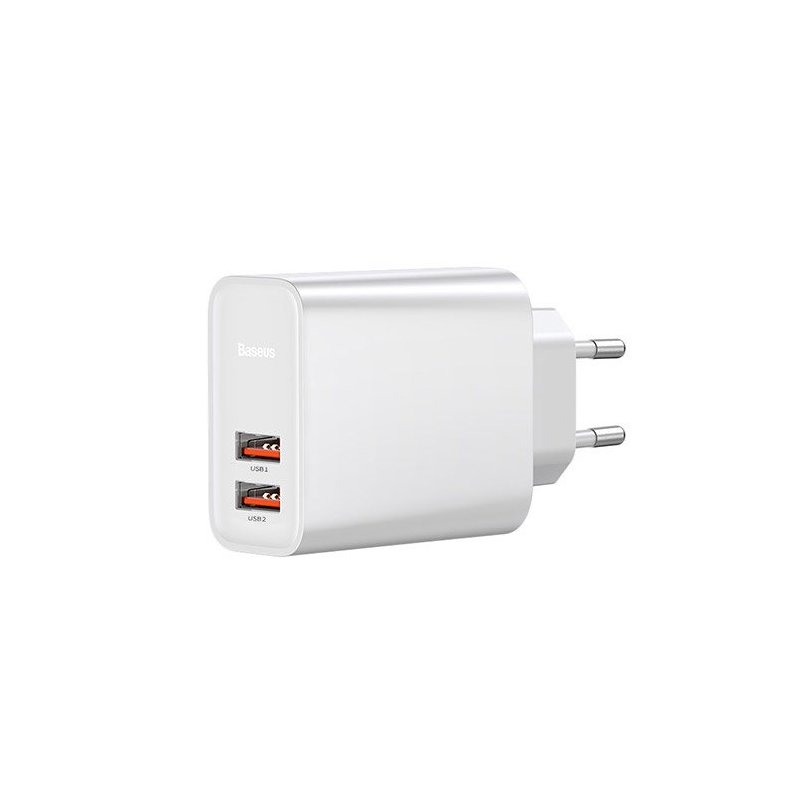 Incarcator retea Baseus Speed Dual, Alb, 2 Iesiri USB, 5A, Max 30 W