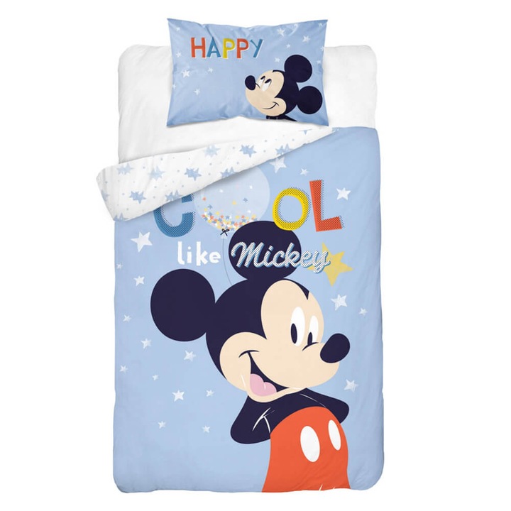 Lenjerie de pat, Detexpol, Mickey Mouse, 2 piese, Bumbac, 100 x 135cm/60x40cm, Albastru