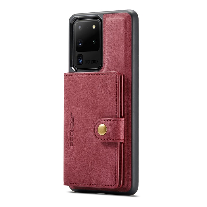 Калъф за Samsung Galaxy S20 Ultra, мека текстурирана кожа, заден капак, подвижен мини портфейл, CaseMe, червен