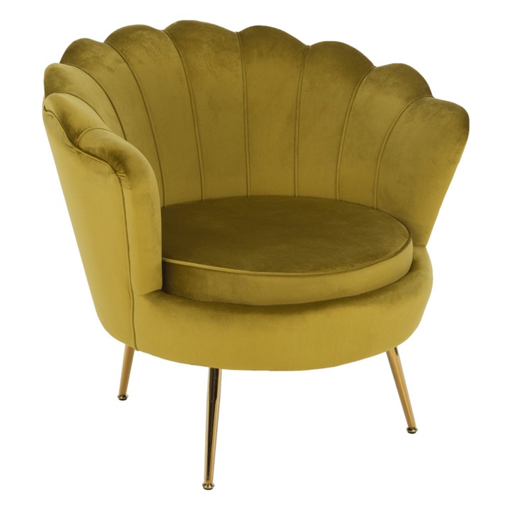 Fotel Art-deco stílusban, bársonymustár/arany króm, 77x77x76 cm