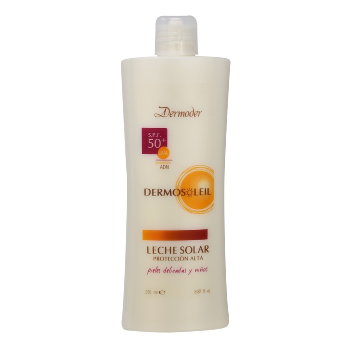 Lotiune protectare DERMOSOLEIL pentru piele sensibila si copii, SPF 50, DERMODER, textura usoara, 250 ml