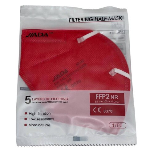 Set 10 masti Jiada FFP2, 5 straturi, BFE>95%, rosii, ambalare individuala, certificare CE 0370