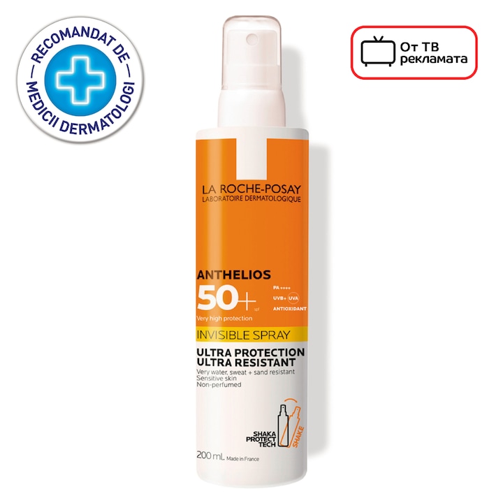 Слънцезащитен спрей SPF 50+ La Roche-Posay Anthelios, Невидим, Без парфюм, За тяло, За чувствителна кожа, Ултра устойчив, 200 мл