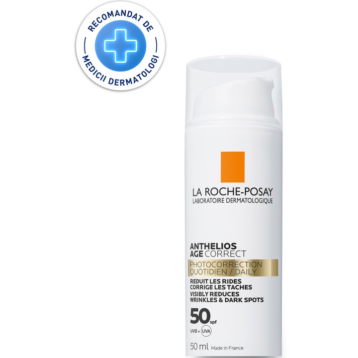 Crema de fata cu protectie solara La Roche Posay-Anthelios Age Correct SPF 50, cu actiune anti-imbatranire, 50 ml